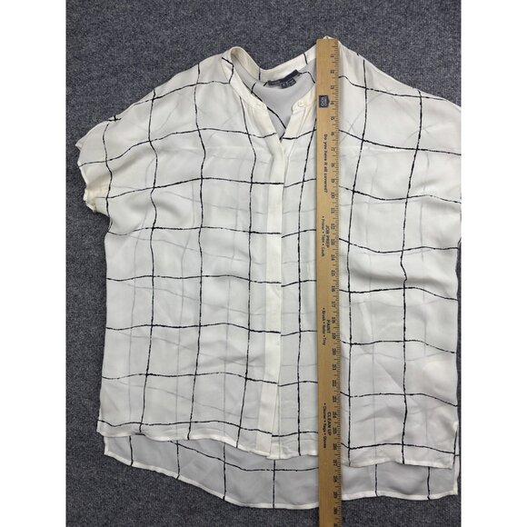 Vince Shirt Womens Small Ivory Silk Windowpane Grid Short Sleeve Blouse Flowy - Picture 4 of 9